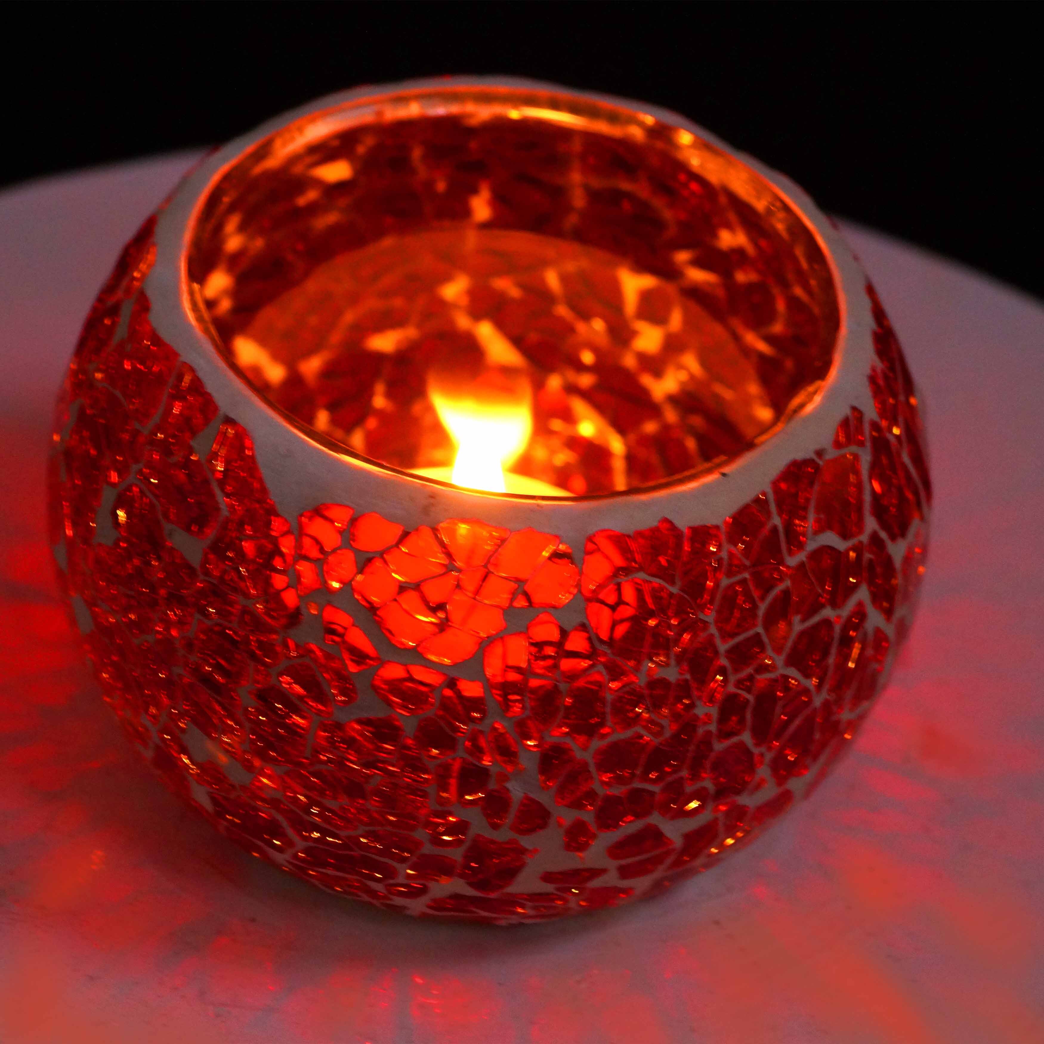 Mosaic Candle (Red) - Handmade Mosaic Glass Tea Light Holder | Multicolored Votive, Size: 9cm X 9cm X 6cm, Burning Time: 3-4 Hours