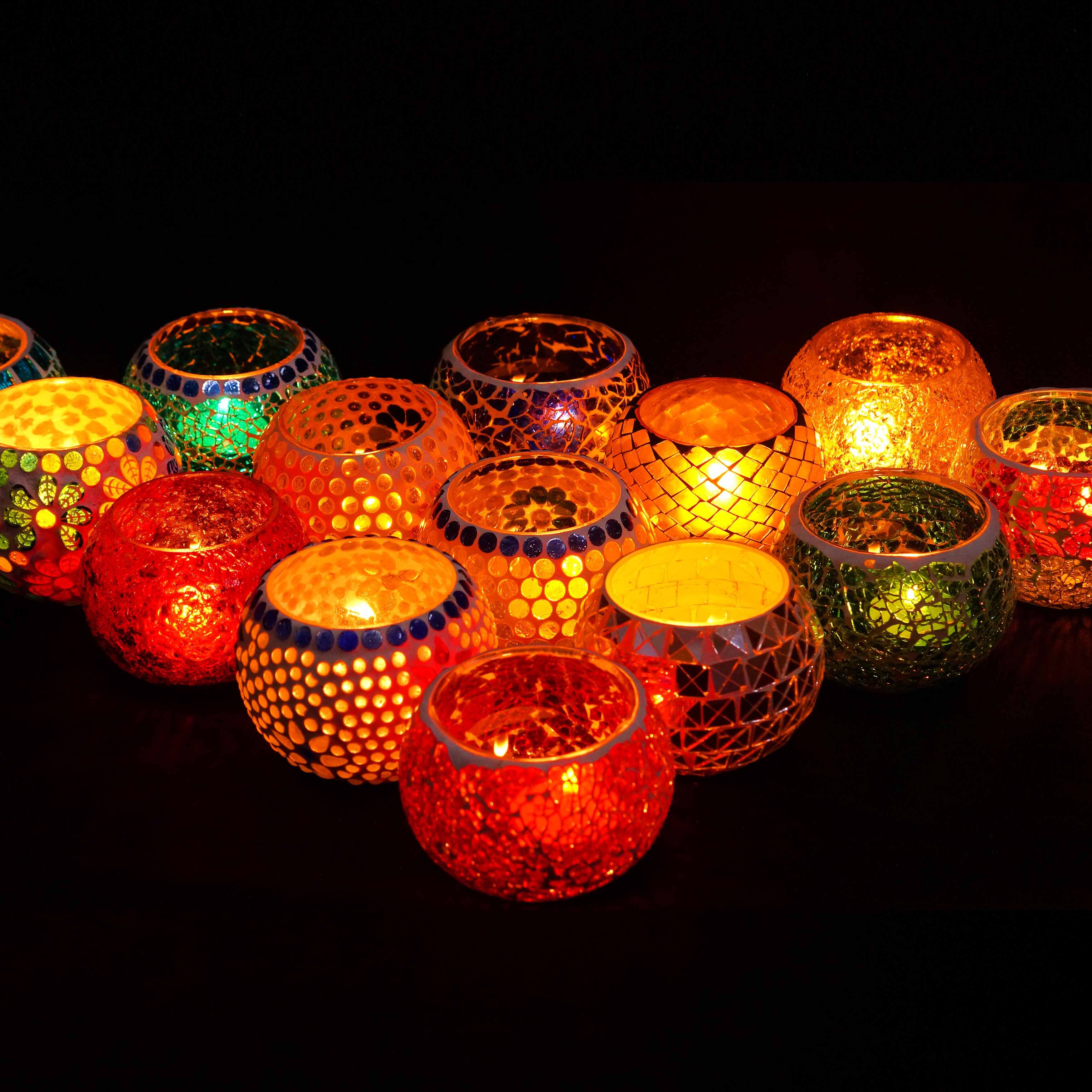 Mosaic Candle (Red) - Handmade Mosaic Glass Tea Light Holder | Multicolored Votive, Size: 9cm X 9cm X 6cm, Burning Time: 3-4 Hours