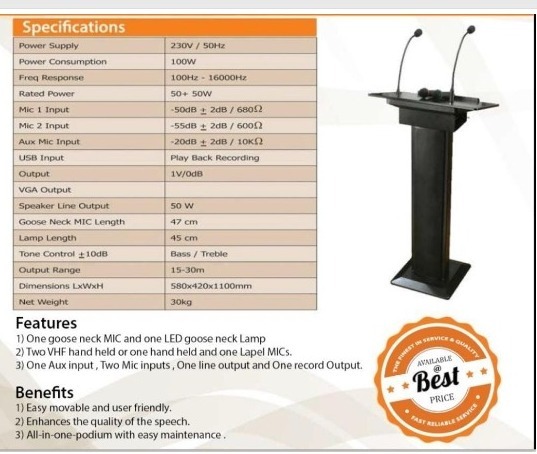Kti Digital Podium - Wooden Top & Steel Bottom, 1190x670x720 Mm | 60w Amplifier, Gooseneck Microphone, Hdmi Inputs, Aux Inputs, 15-50m Range