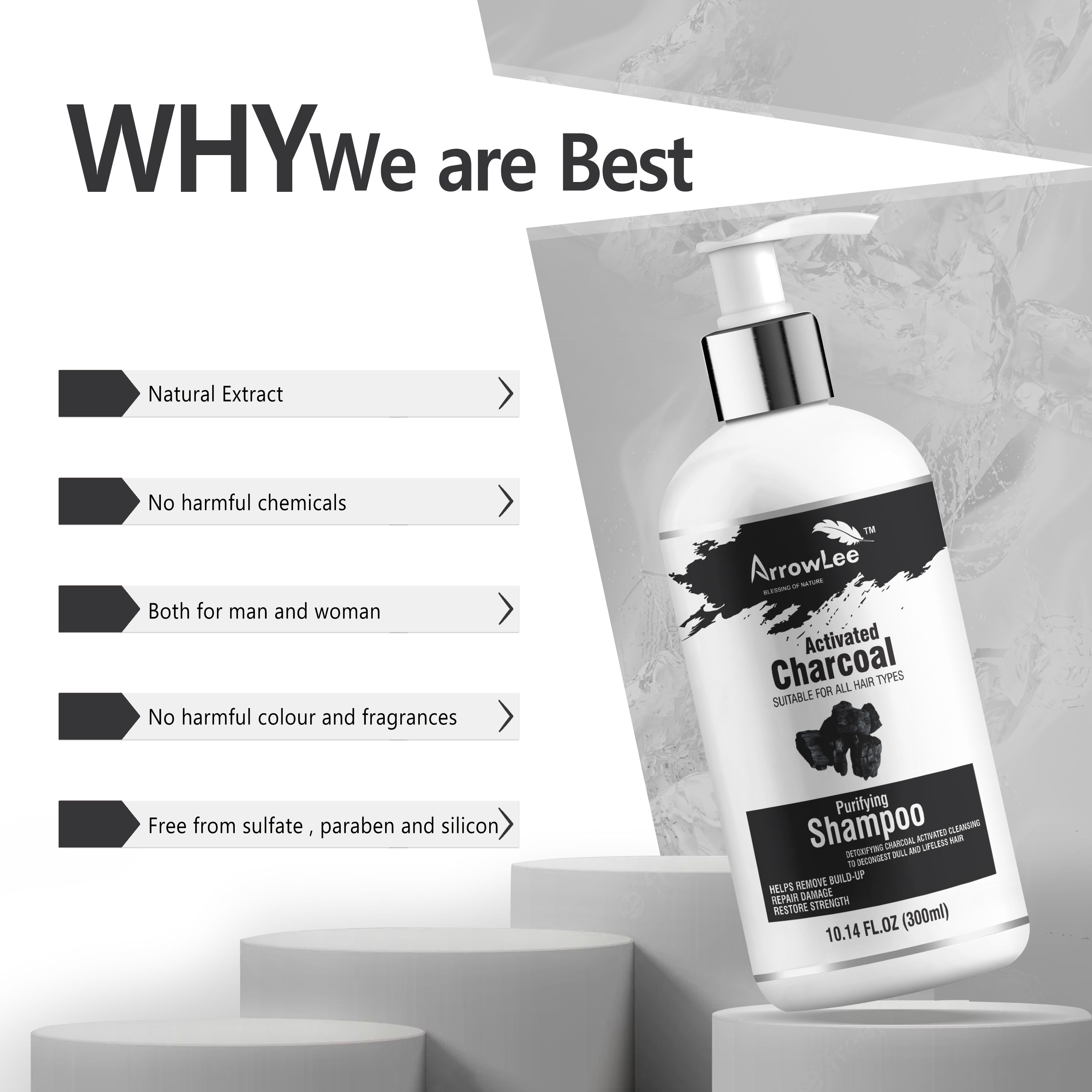 Activated Charcoal Shampoo - Gel For All Hair Types | Bioactive Formula For Radiant, Thicker Hair, Reduces Dandruff & Scalp Infections