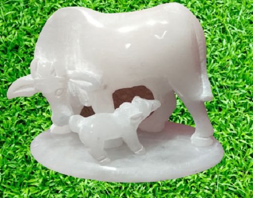 White Marble Cow With Calf Statue - 5x5x4.5 Inches | Handmade Art Collectible, Feng Shui And Modern Design