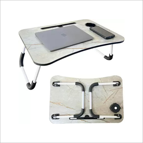 White Marble Rectangular Laptop Table - Wood, Grey Color, Black Accents | Easy To Clean, Eco-Friendly Folding Table for Versatile Use