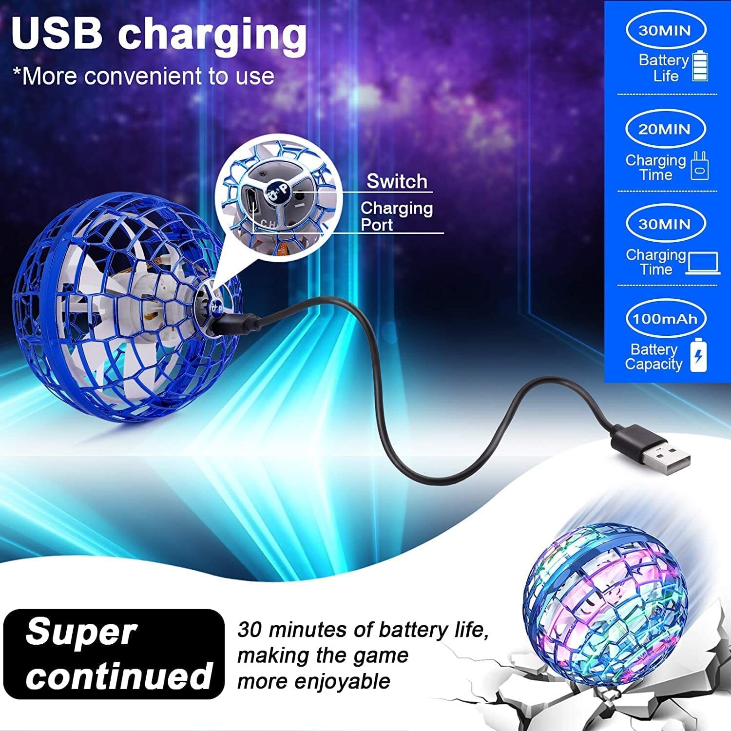 Flying Spinner Ball Usb Rechargeable In Led Lights 360 Rotating Magic Controller