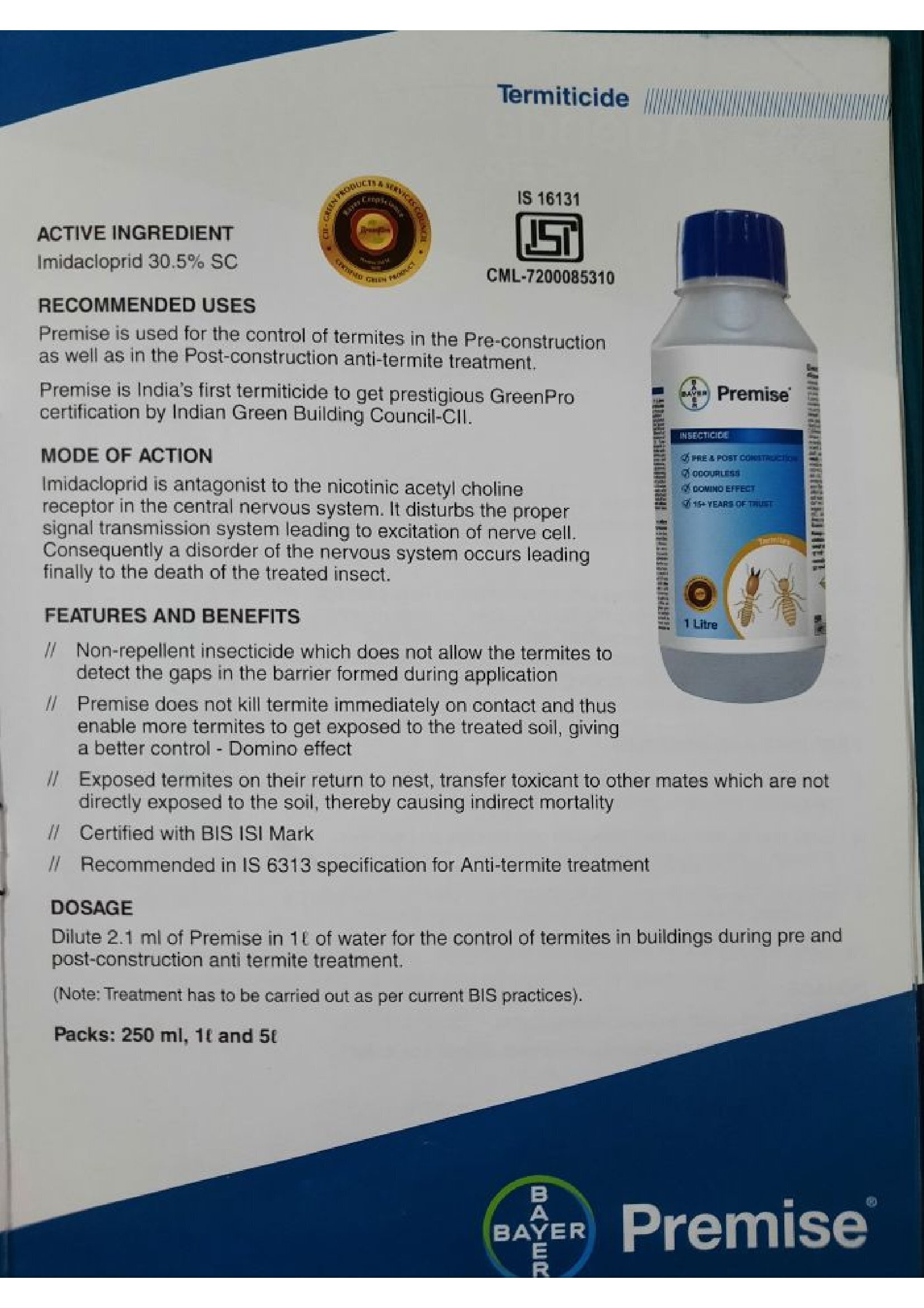 Bayer Premise Chemical - 250 Ml - Chemical Name: Imidacloprid