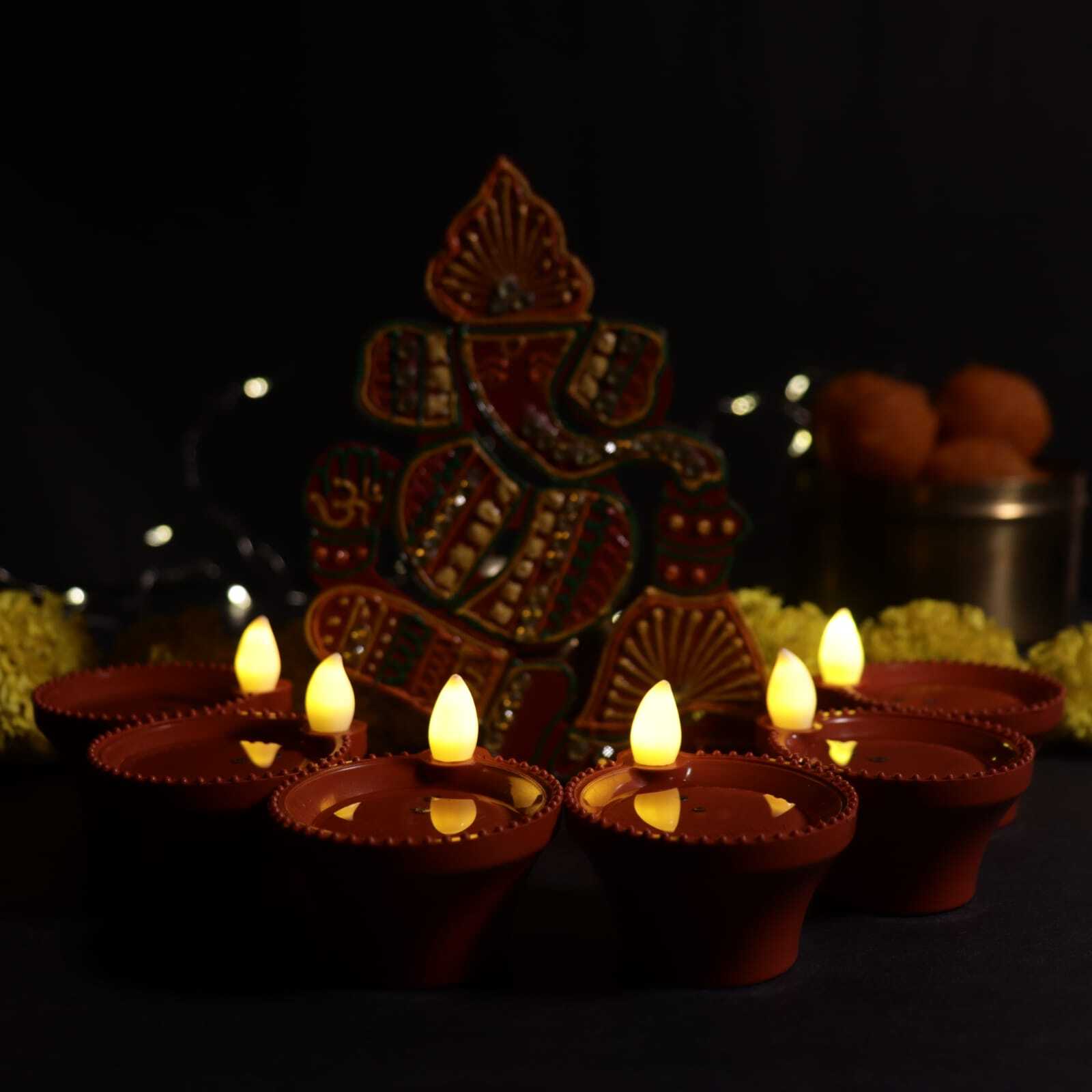 Led Water Sensor Diya - Soil Clay 3.5 Cm Size Classic Red Color | Energy-saving Led Light Traditional Round Shape Battery-powered Design