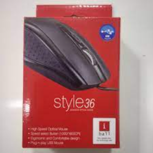 I BALL STYLE36 MOUSE - Plastic Construction, 50g Weight, Black Color | Wired Connectivity, Finger Style, 3 Month Warranty