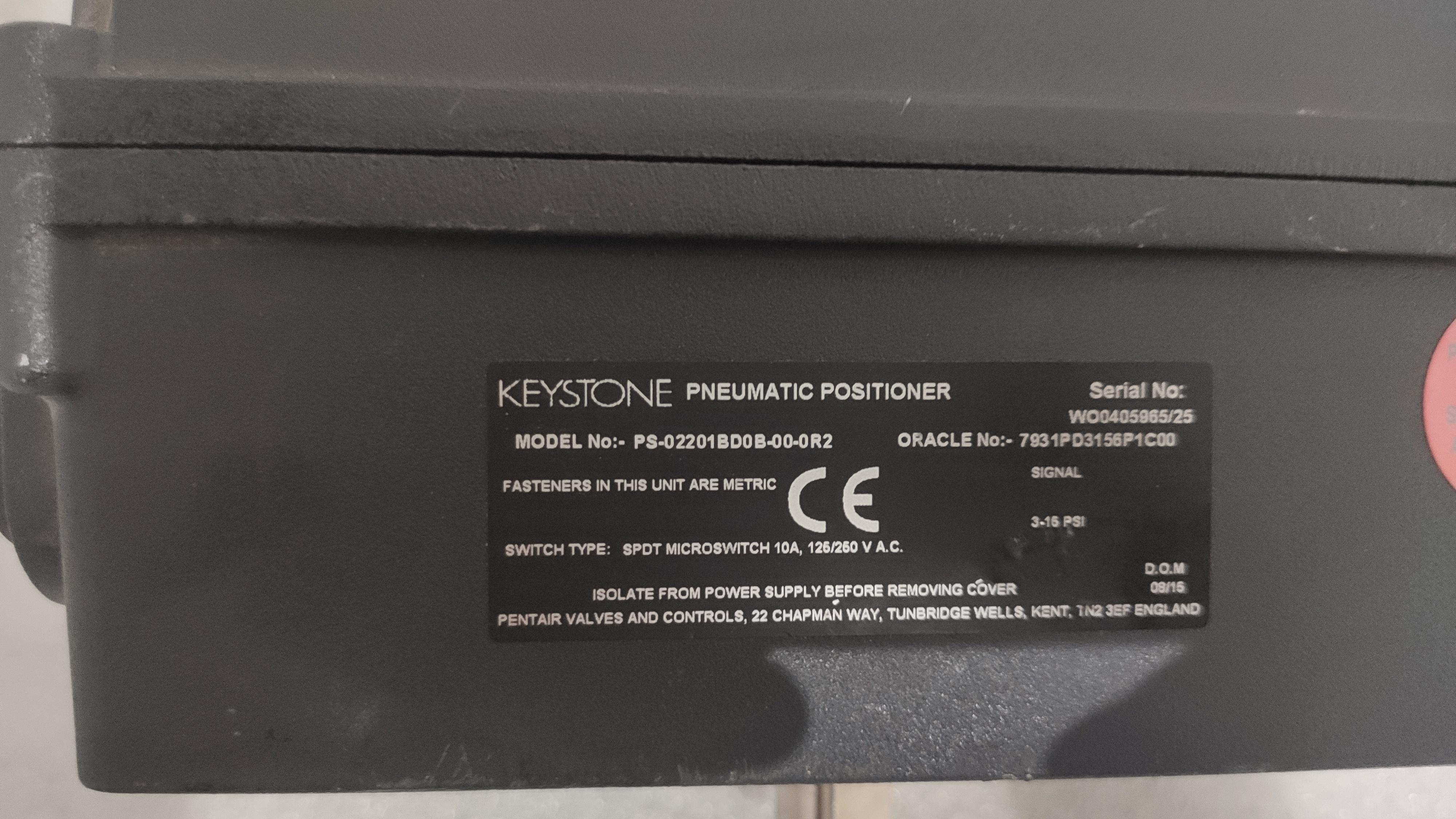 Electro Pneumatic Valve Positioner - 15a Switch Rating, 3-15 Psi Signal Pressure | Used Keystone Ps-02201bd0b-00-0r2, Black Finish