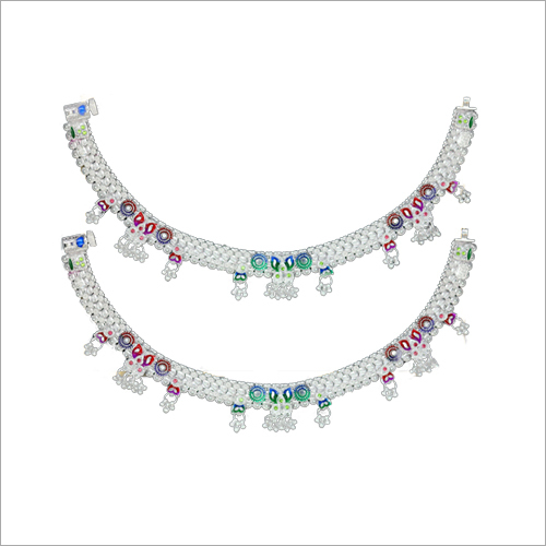 Fancy Round Payal - Fine Silver with Colorful Meena Work, Eye-Captivating Hangings for Women's Anniversary and Wedding Celebration