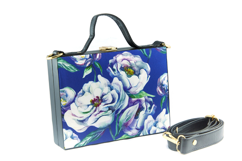Big Floral Printed Royal Blue Mdf Box Bag - Size: Medium