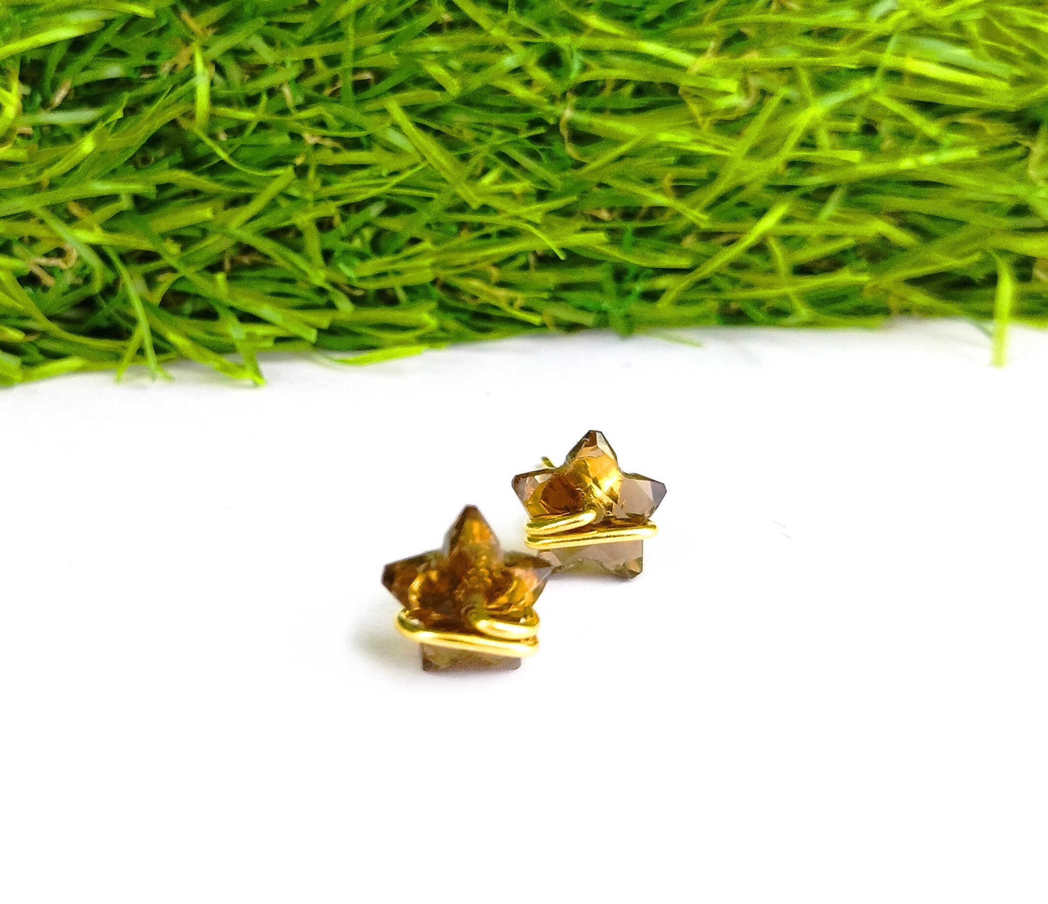 Star Earring- Gold Pleated Wire Wrapped Stud Earring For Her Size: Stone Size : 10mm