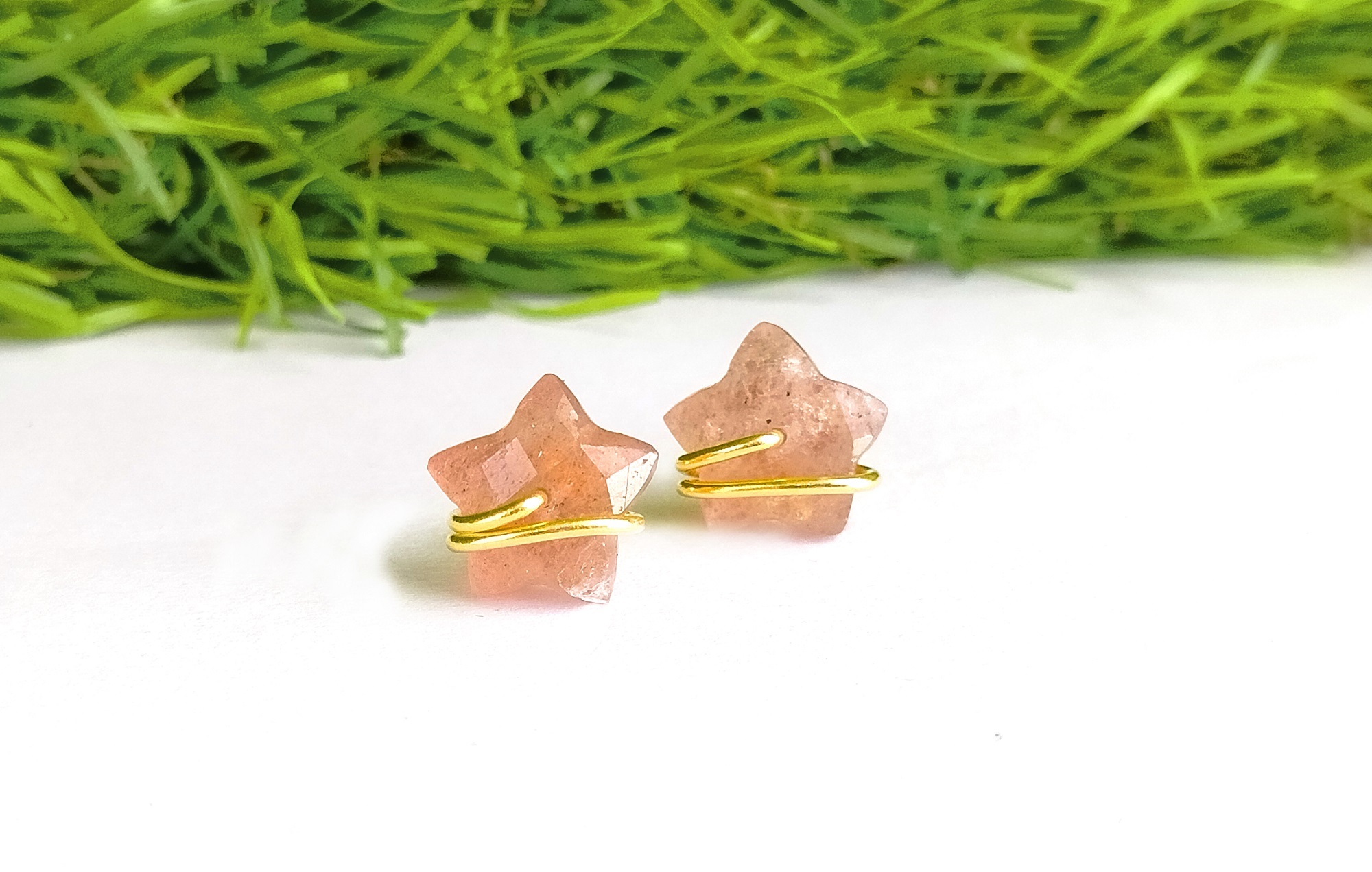 Star Earring- Gold Pleated Wire Wrapped Stud Earring For Her Size: Stone Size : 10mm