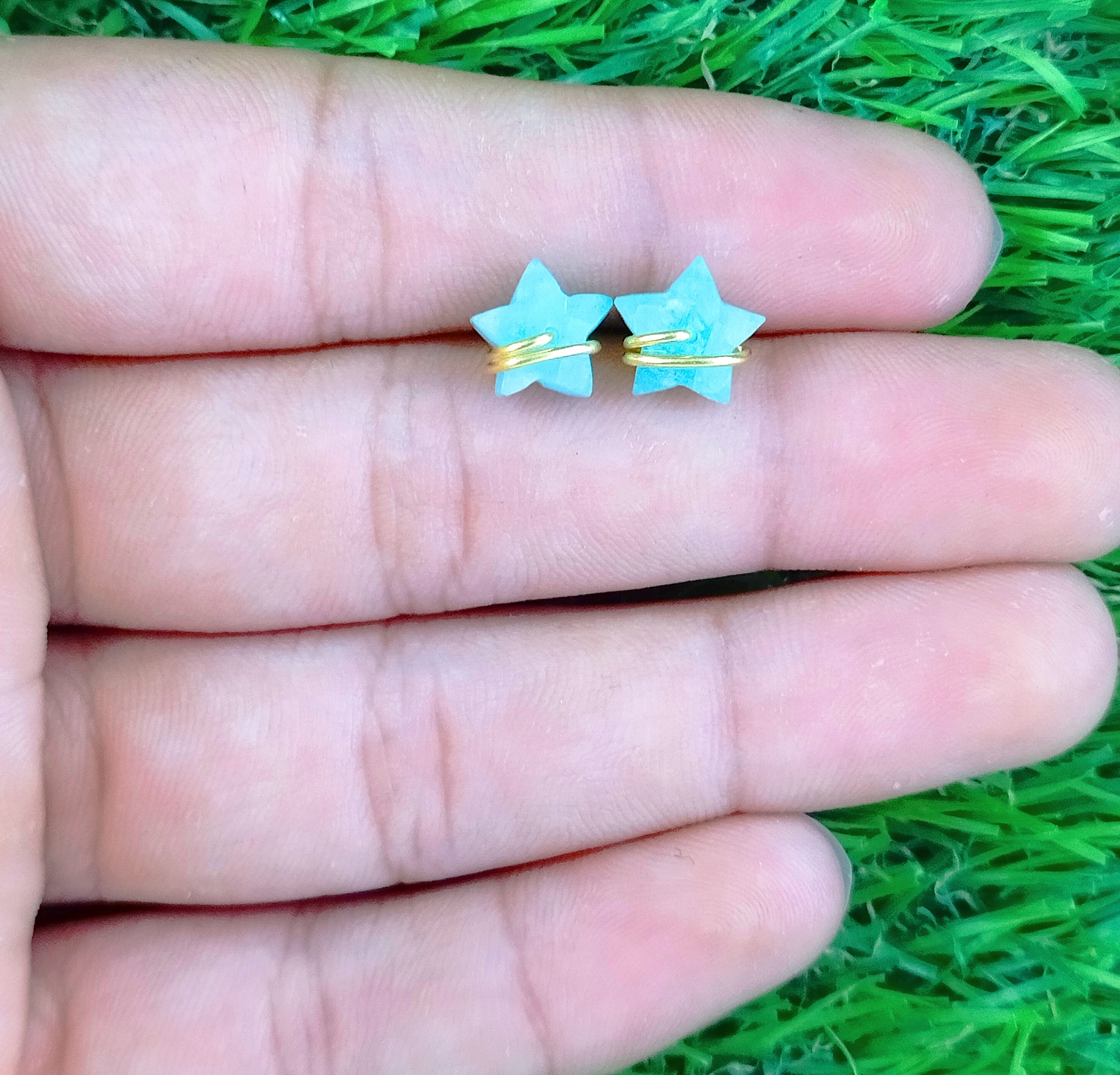 Star Earring- Gold Pleated Wire Wrapped Stud Earring For Her Size: Stone Size : 10mm
