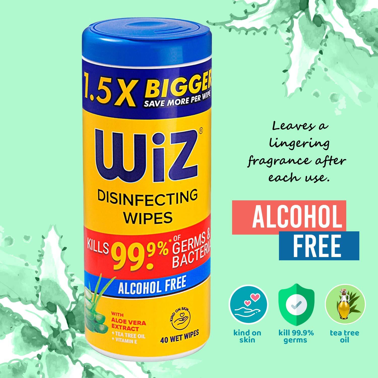 Wiz Disinfecting Wipes - Alcohol-free, 40 Pulls Cannister Pack | Single Use, Anti-bacterial, 24 Months Shelf Life