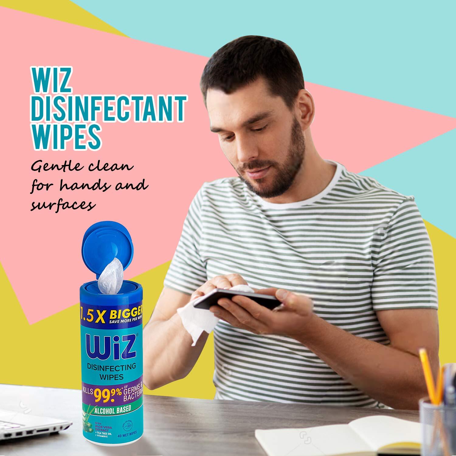 Wiz Alcohol Based Disinfecting Wet Wipes - 40 Pulls Cannister Pack | Clean, Easy To Carry & Dispose, Ideal For High Contact Surfaces