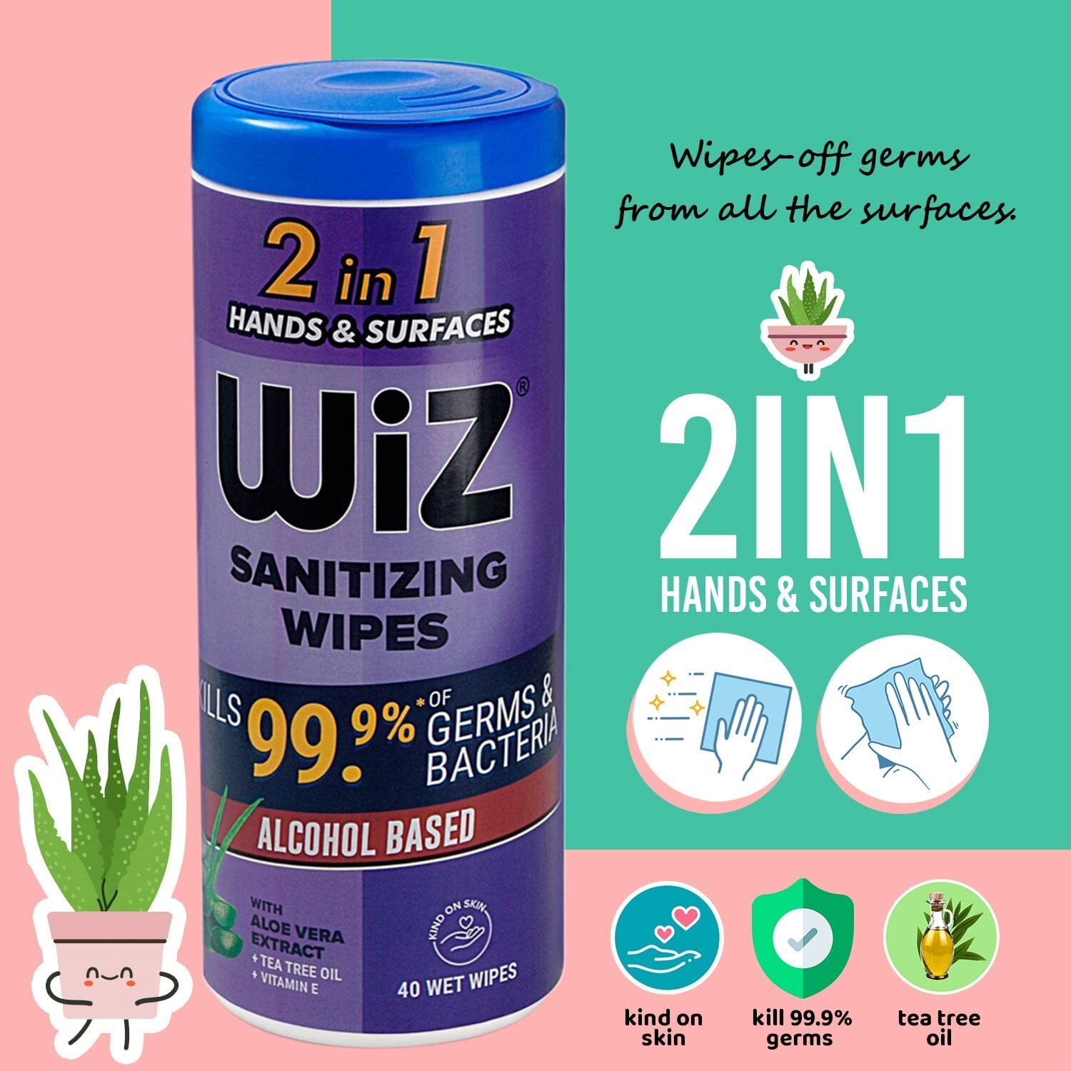 Wiz 2in1 Hand Sanitizing Wet Wipes Cannister Pack - Viscose Fiber, 40 Pulls | Alcohol-based Sanitizer, White, 24-day Shelf Life