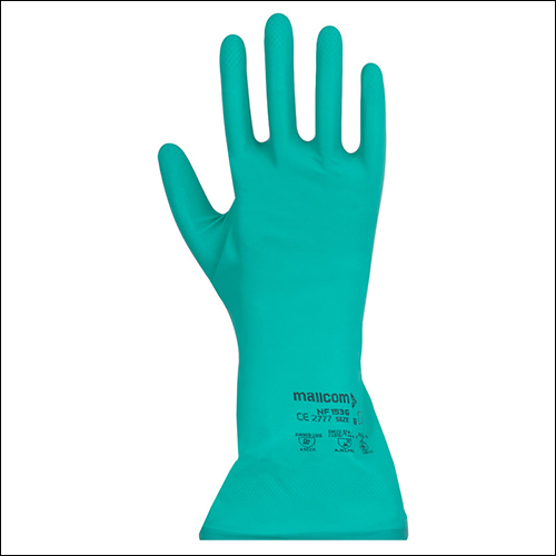 Mallcom Nf153g Green Nitrile Rubber Cotton Flocklined Gauntlets - 20 Mil Thickness, Raised Diamond Grip Pattern, Excellent Dexterity & Moisture Absorption