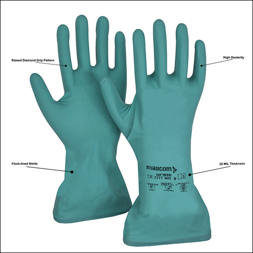 Mallcom Nf153g Green Nitrile Rubber Cotton Flocklined Gauntlets - 20 Mil Thickness, Raised Diamond Grip Pattern, Excellent Dexterity & Moisture Absorption