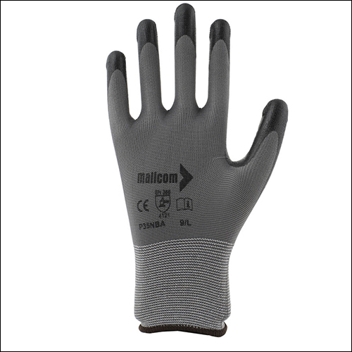 Mallcom P35nba Grey Polyester 15 Gauge Smooth Finish Seamless Liner Coated With Black Safety Gloves - Nitrile Dipped Palm, Ergonomic Design, Open Back For Ventilation