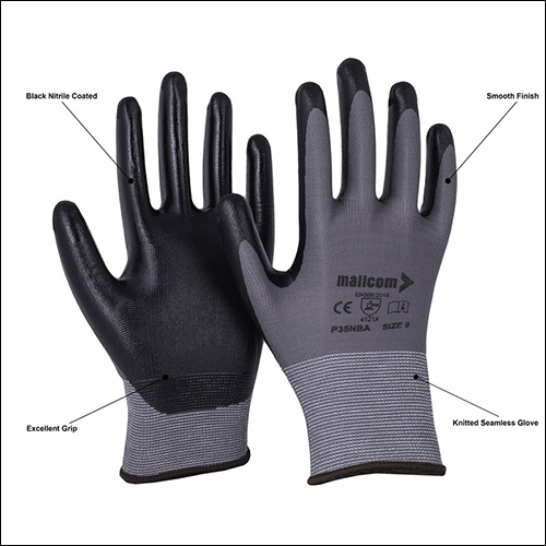 Mallcom P35nba Grey Polyester 15 Gauge Smooth Finish Seamless Liner Coated With Black Safety Gloves - Nitrile Dipped Palm, Ergonomic Design, Open Back For Ventilation