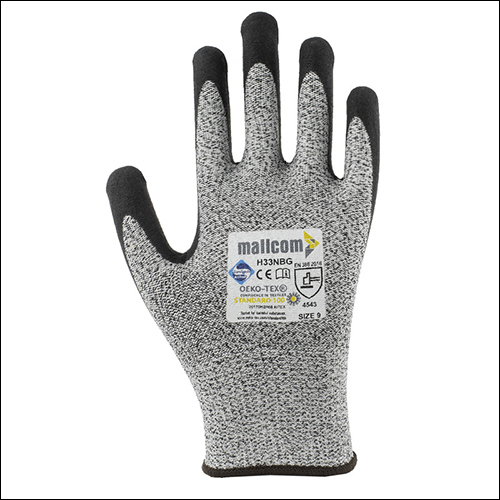 Mallcom H33nbg Cut Resistant Level 5 Seamless Sandy Finish Nitrile Coated Safety Gloves - Uhmwpe & Glass Blended Yarn, Gray & Black Color, Full Finger Design, Excellent Dexterity
