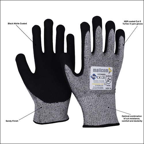 Mallcom H33nbg Cut Resistant Level 5 Seamless Sandy Finish Nitrile Coated Safety Gloves - Uhmwpe & Glass Blended Yarn, Gray & Black Color, Full Finger Design, Excellent Dexterity