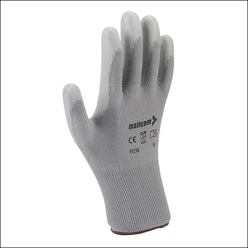 Mallcom P313g - 13 Gauge Grey Nylon Liner Dipped In Pu Coating | Seamless Design, Ergonomic Fit, Ventilated Open Back, Color Coded Sizes