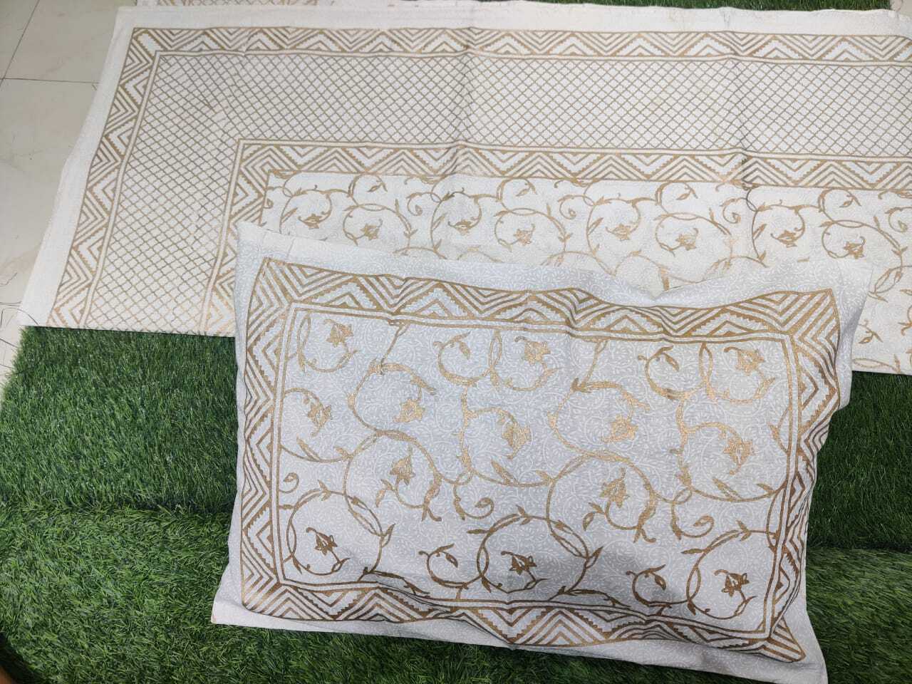 White Khadi Gold Jaipuri Bedsheet - 100% Cotton, King Size 90x108 Inches, White Color | Includes 1 Bedsheet & 2 Pillow Covers