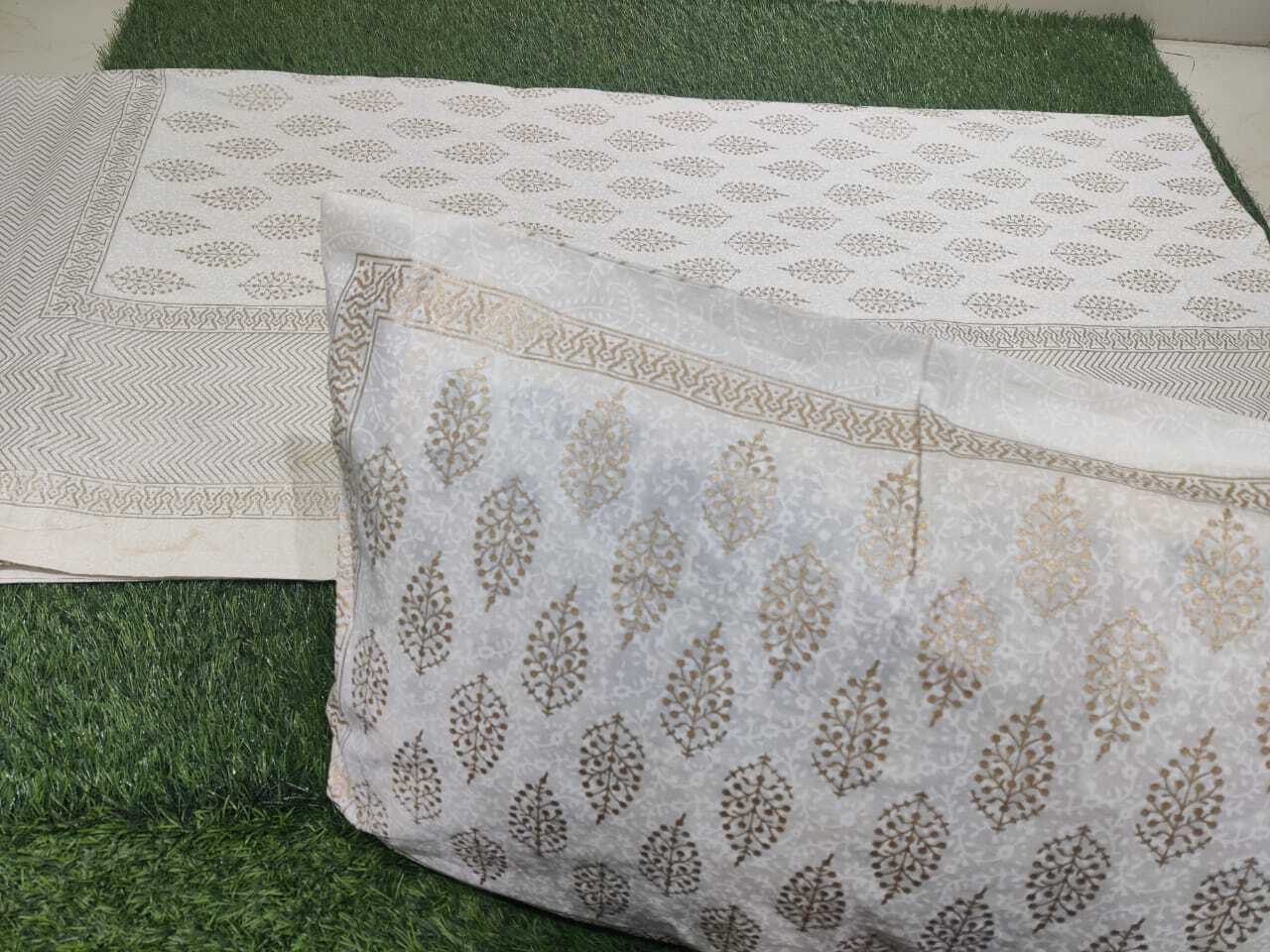 White Khadi Gold Jaipuri Bedsheet - 100% Cotton, King Size 90x108 Inches, White Color | Includes 1 Bedsheet & 2 Pillow Covers