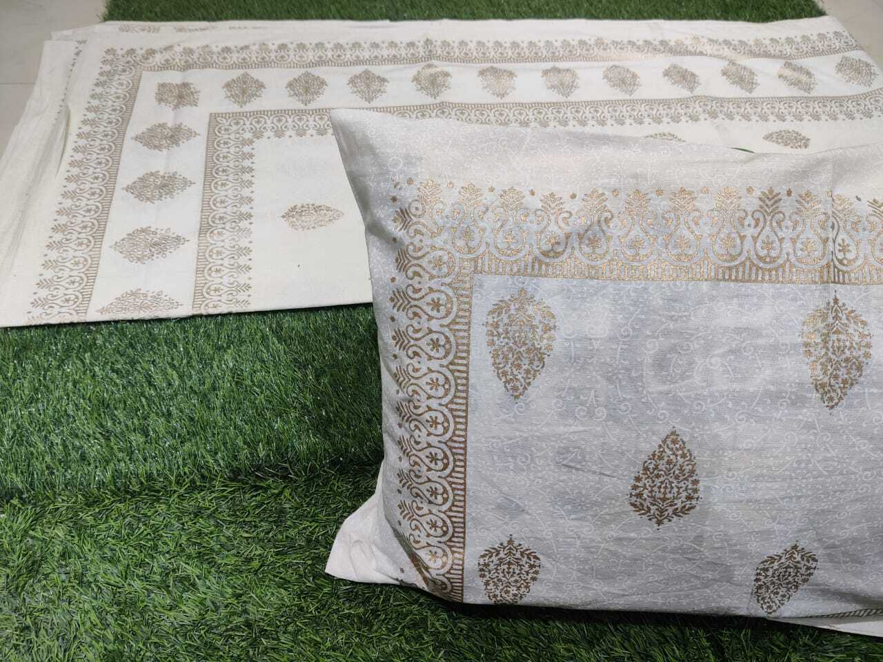 White Khadi Gold Jaipuri Bedsheet - 100% Cotton, King Size 90x108 Inches, White Color | Includes 1 Bedsheet & 2 Pillow Covers