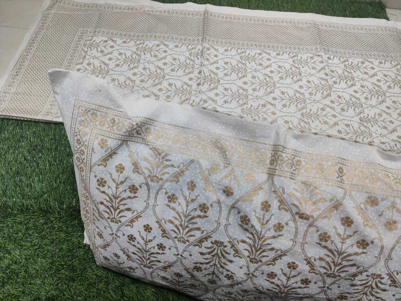 White Khadi Gold Jaipuri Bedsheet - 100% Cotton, King Size 90x108 Inches, White Color | Includes 1 Bedsheet & 2 Pillow Covers