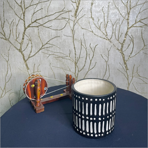 Decorative Blue Linear Sculpted Pot - Ceramic, Painted, Blue and White | Water Resistant, Indian Style Decoration