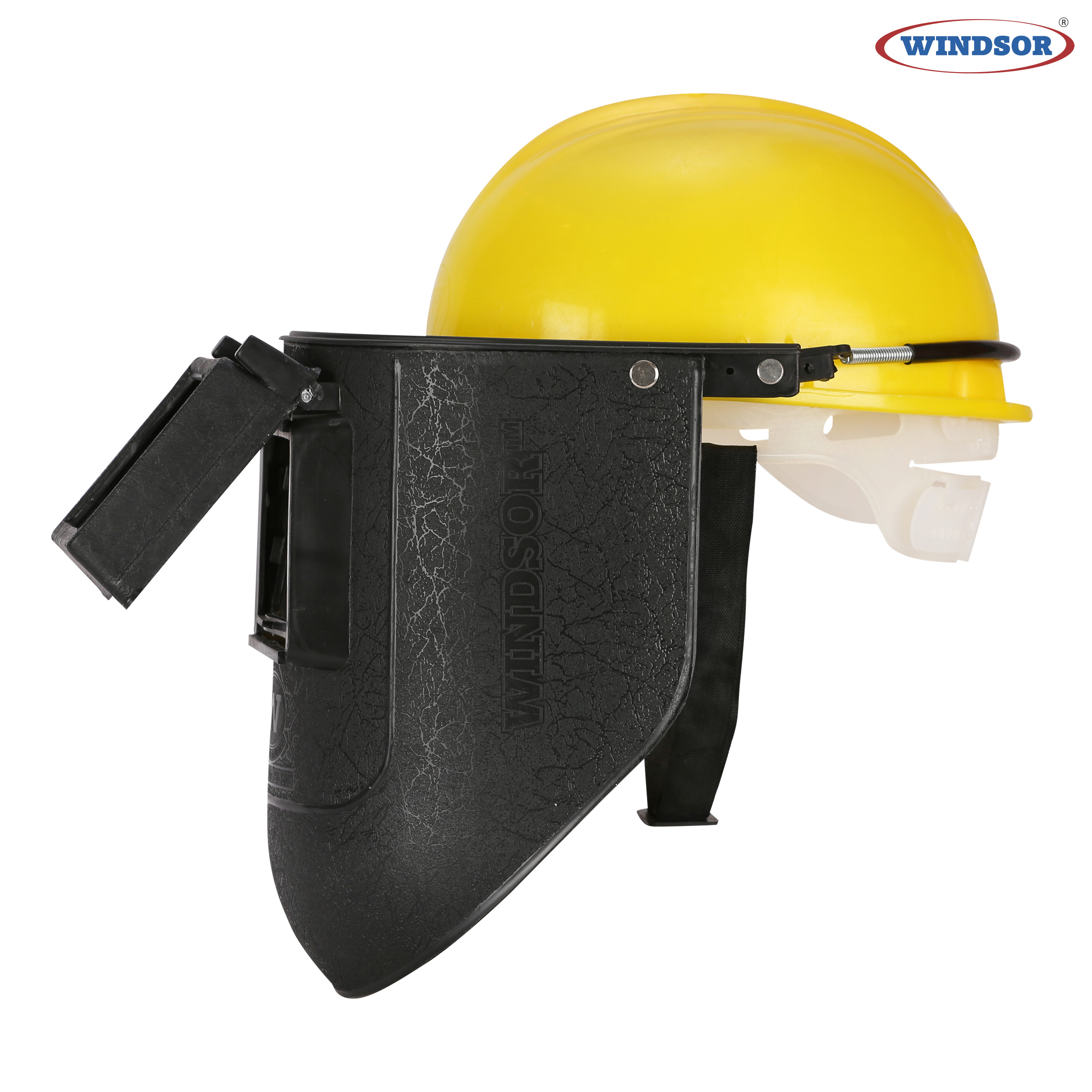 Windsor Spring Loaded Welding Shield With Ratchet Safety Helmet - Ppcp Material, 9.5x13 Inches, Black | Auto-darkening Lens, Flip-up Telescoping Lid, Adjustable Head Strap, Ventilation System