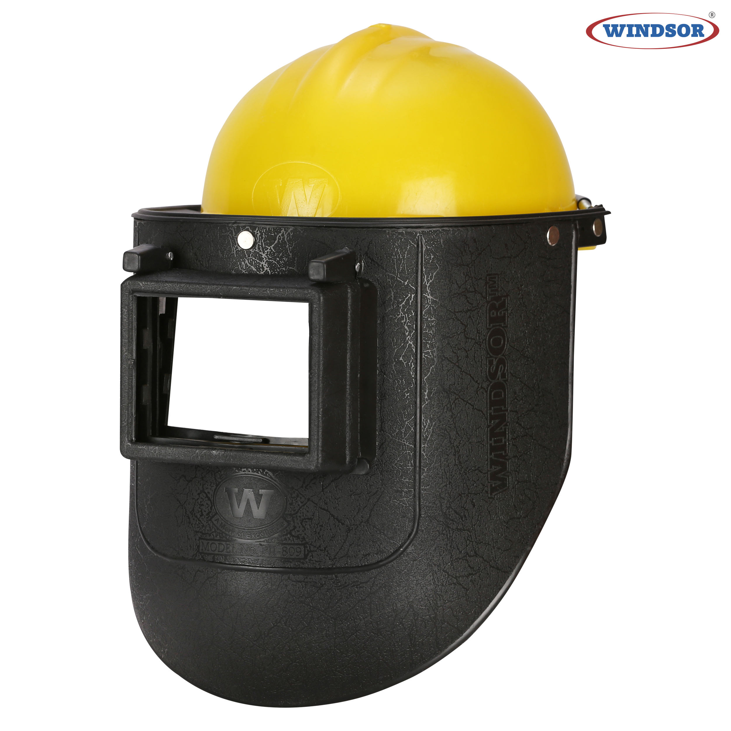 Windsor Spring Loaded Welding Shield With Ratchet Safety Helmet - Ppcp Material, 9.5x13 Inches, Black | Auto-darkening Lens, Flip-up Telescoping Lid, Adjustable Head Strap, Ventilation System
