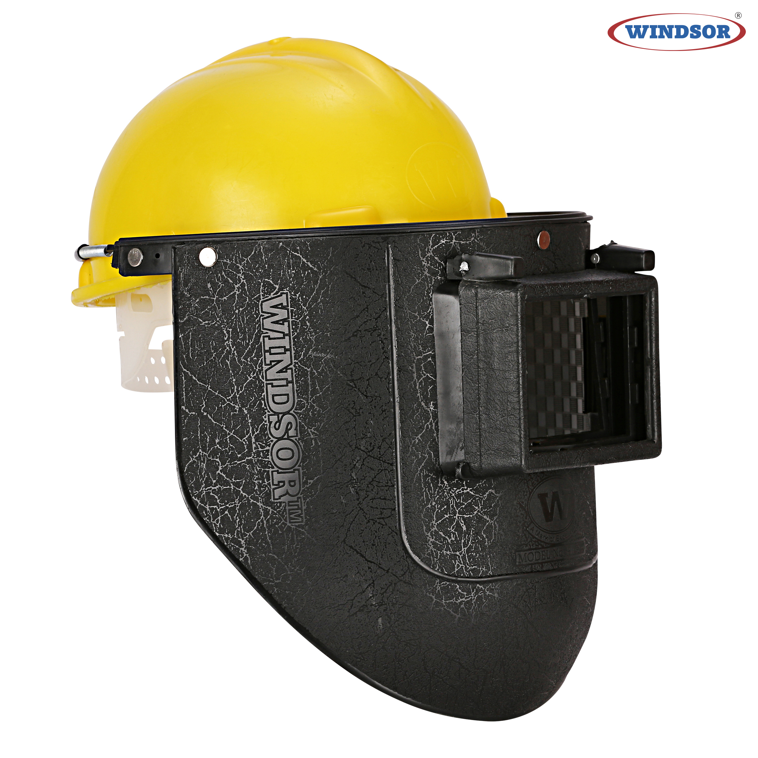 Windsor Spring Loaded Welding Shield With Ratchet Safety Helmet - Ppcp Material, 9.5x13 Inches, Black | Auto-darkening Lens, Flip-up Telescoping Lid, Adjustable Head Strap, Ventilation System