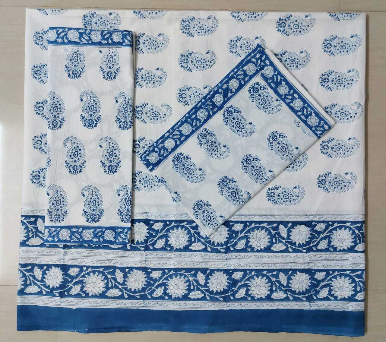 Pure Handblock Cotton Bedsheet - Super King Size 108x108 Inch With 2 Large 18x28 Inch Pillow Covers, Designer Stitching, Evergreen Prints, Easy Washable