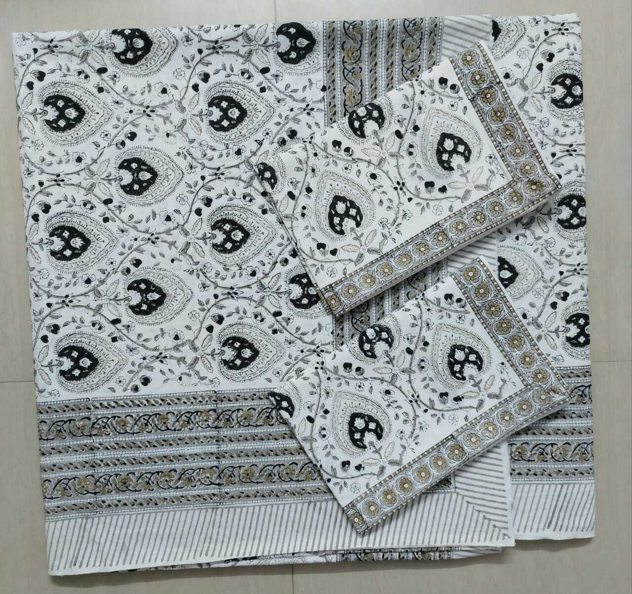 Pure Handblock Cotton Bedsheet - Super King Size 108x108 Inch With 2 Large 18x28 Inch Pillow Covers, Designer Stitching, Evergreen Prints, Easy Washable