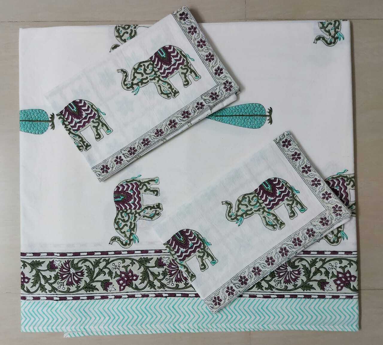 Pure Handblock Cotton Bedsheet - Super King Size 108x108 Inch With 2 Large 18x28 Inch Pillow Covers, Designer Stitching, Evergreen Prints, Easy Washable