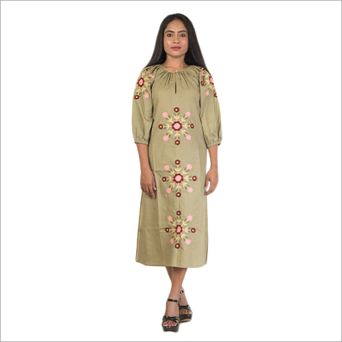 Olive Green Cotton Embroidery Dress