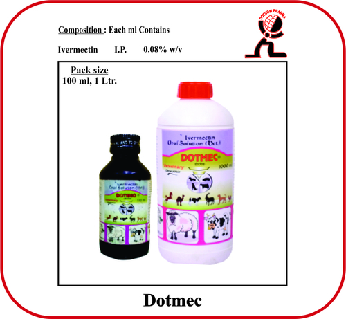 लिक्विड आइवरमेक्टिन 0.08% W/v ओरल सस्पेंशन ब्रांड - Dotmec-1000ml