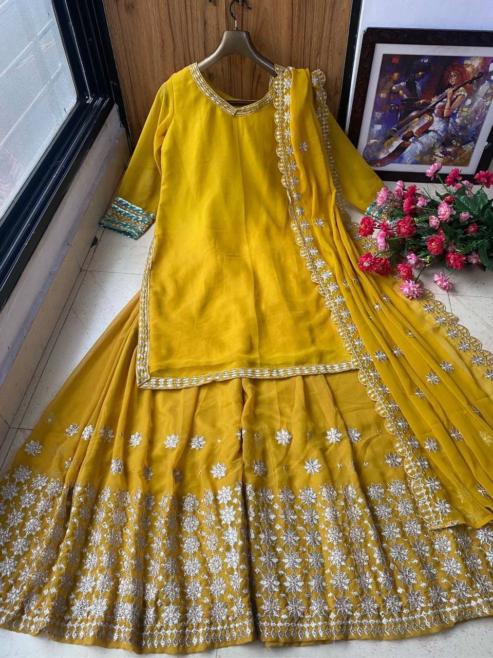 Georgette Top With Beautiful Embroidered Palazzo And Suits...