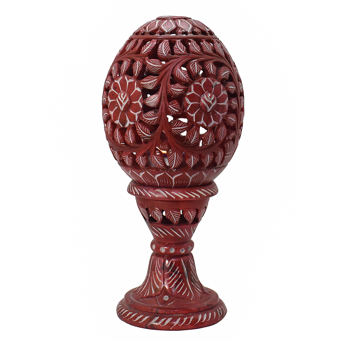 Eden Glow Tea Light Holder - Soapstone, 6 Inches, Red , Hand-painted Abstract Leaf Design