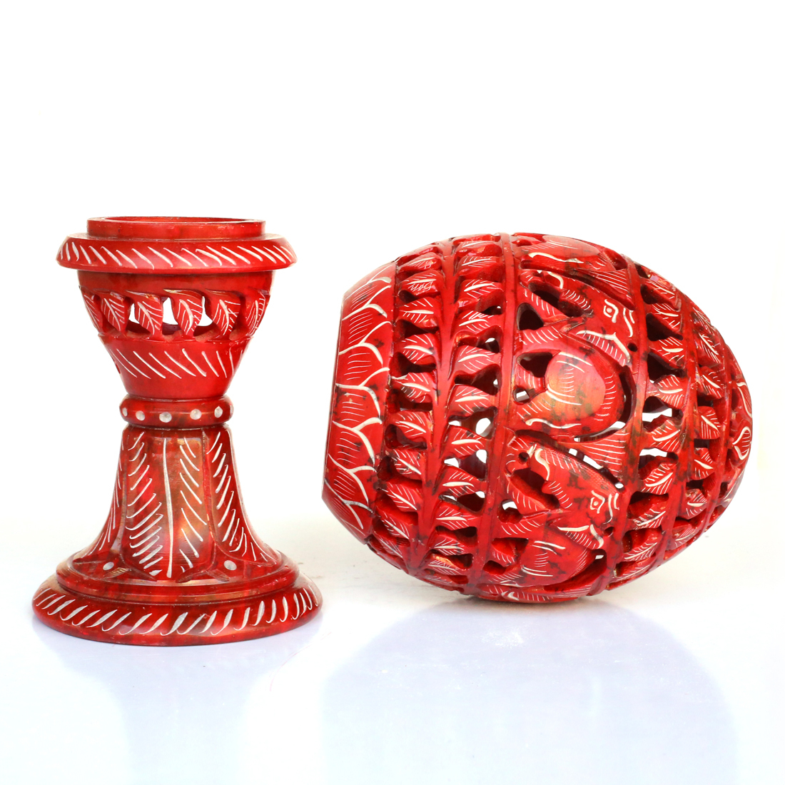 Eden Glow Tea Light Holder - Soapstone, 6 Inches, Red , Hand-painted Abstract Leaf Design