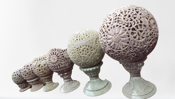 T-light Holder Set - Stone Material , White Color, Carved Finish, Traditional Style, Varying Sizes