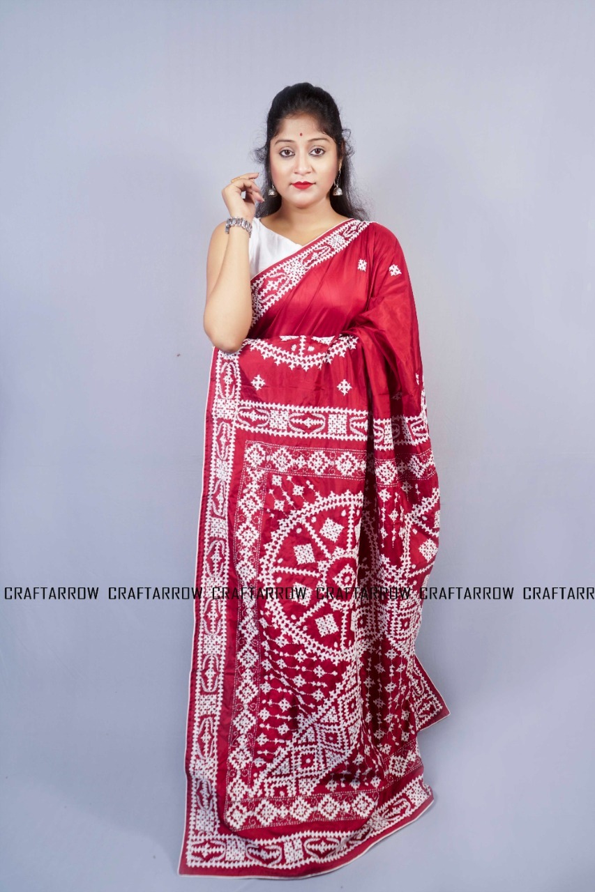 Kantha Stitch Saree - Cotton Silk Multicolour | Hand Embroidered Suitable For All Seasons