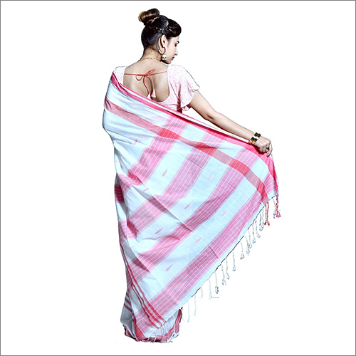 White Grey And Red Border Saree