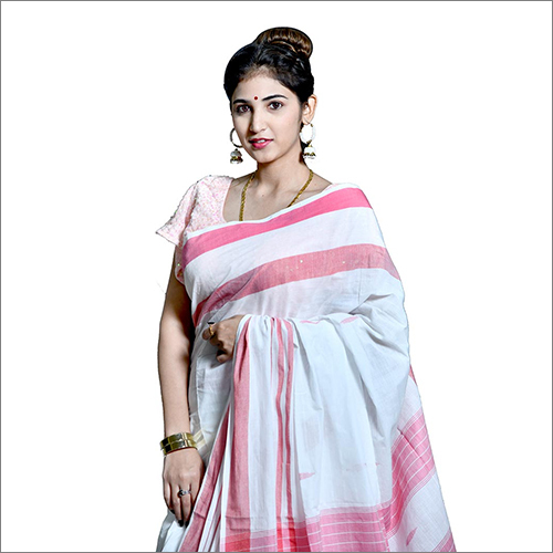 White Grey And Red Border Saree