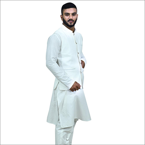 White Mens Cotton Plain Kurta Jacket
