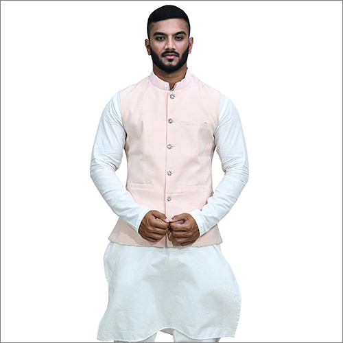 Mens Peach Cotton Kurta Jacket - Normal Warmth, Washable Fabric, Three Spacious Pockets