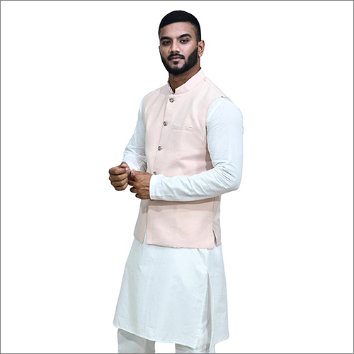 Mens Peach Cotton Kurta Jacket - Normal Warmth, Washable Fabric, Three Spacious Pockets