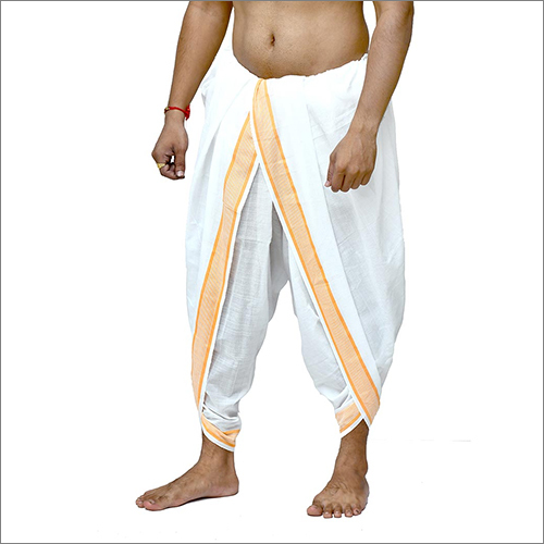White Mens Cotton Orange Border Dhoti Dupatta